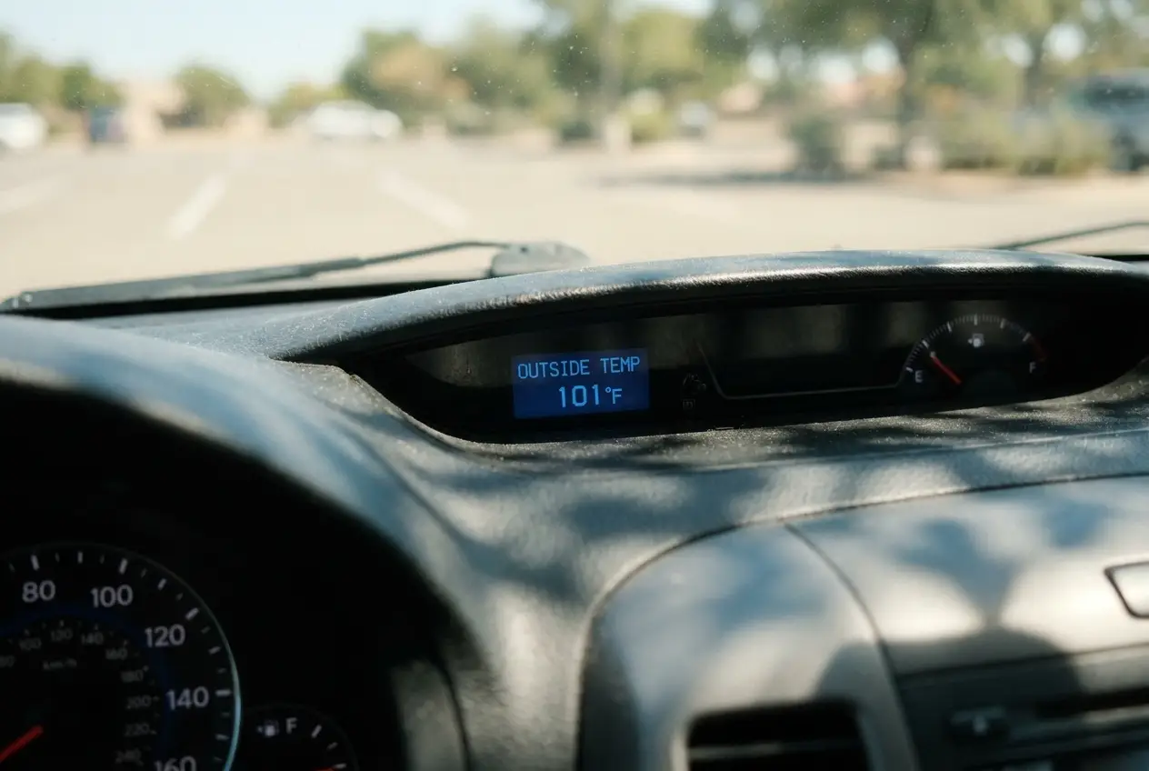 car dashboard showing outside temperature