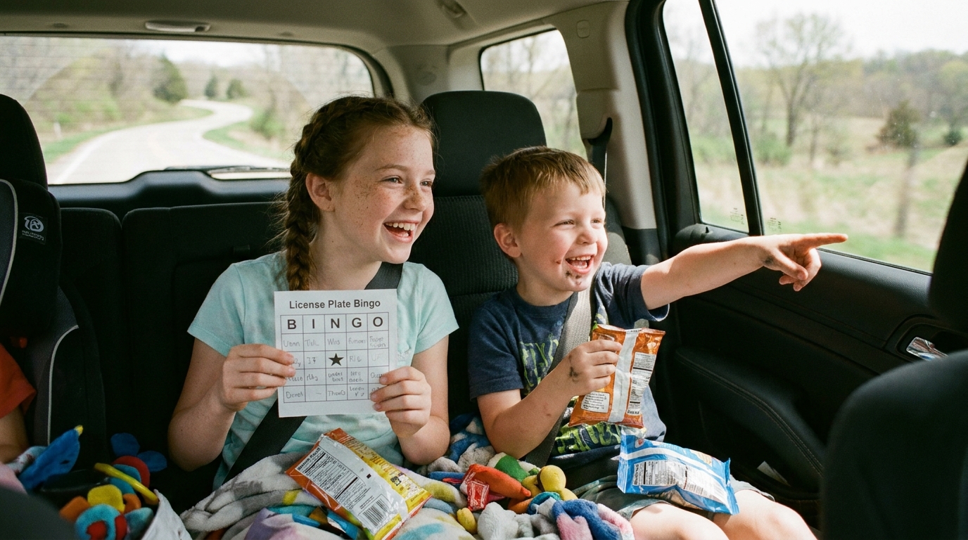 Editorial illustration for: 5 Fun Car Games for Kids That Make Road Trips Fly By