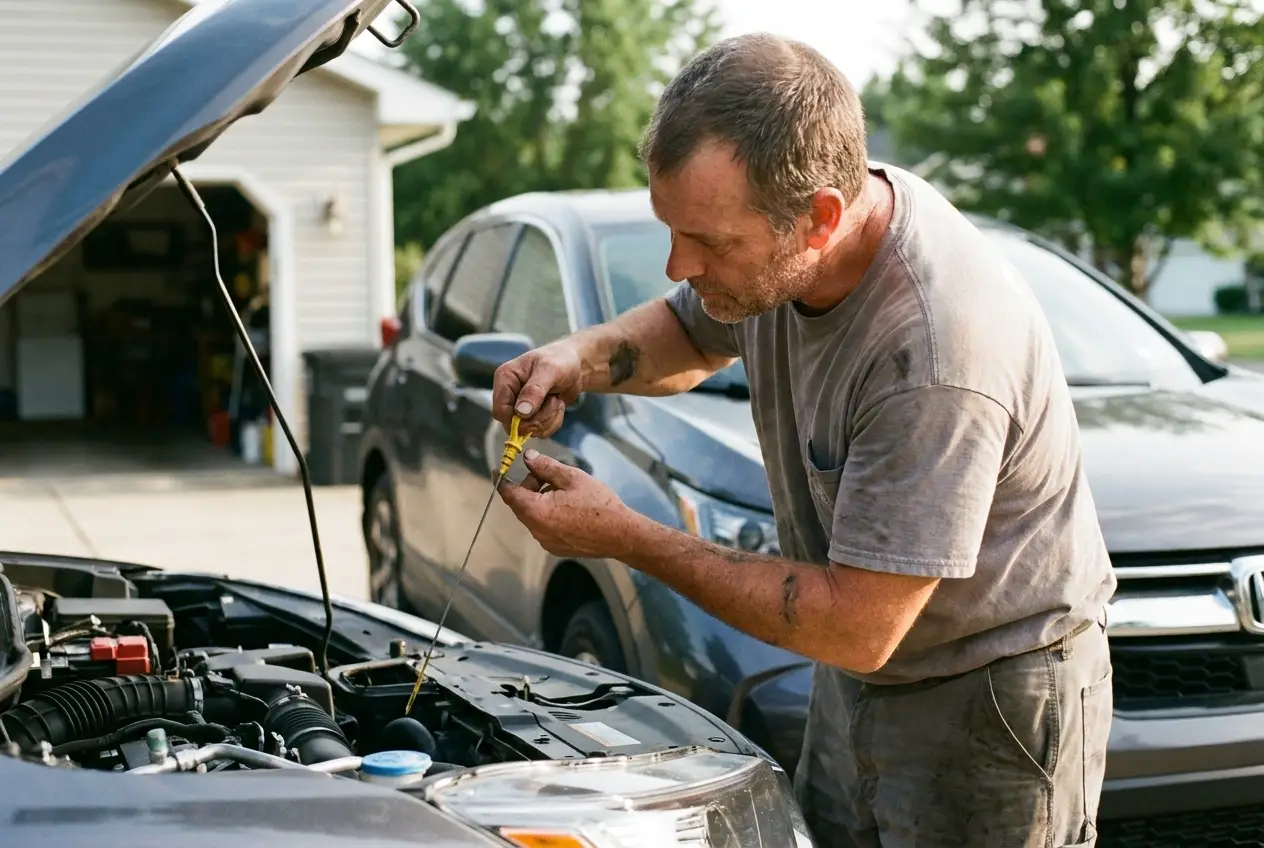 man checking oil dipstick in car